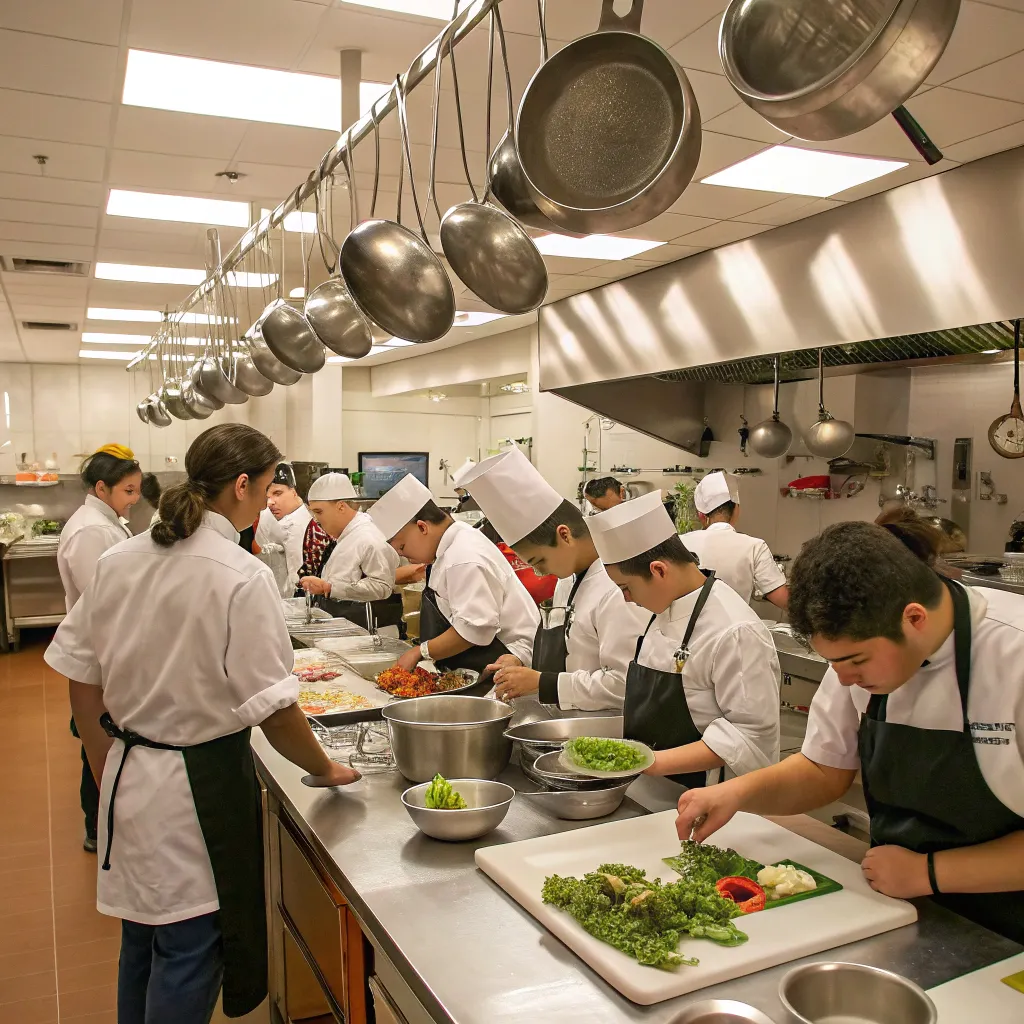 Culinary school students in a kitchen during a class