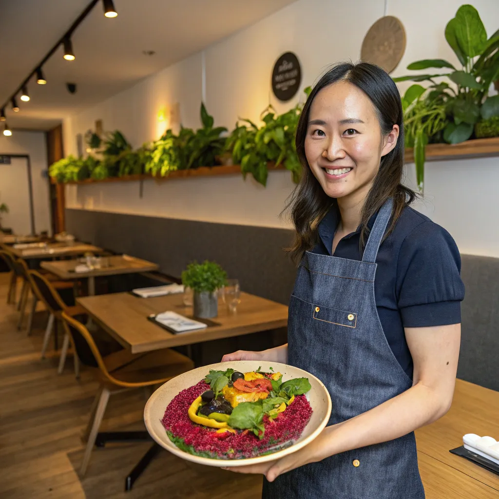 Emily Zhang in her vegan restaurant, showcasing a creative plant-based dish